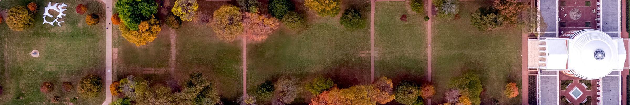 A banner featuring a portrait of drone shot of UVA Lawn.