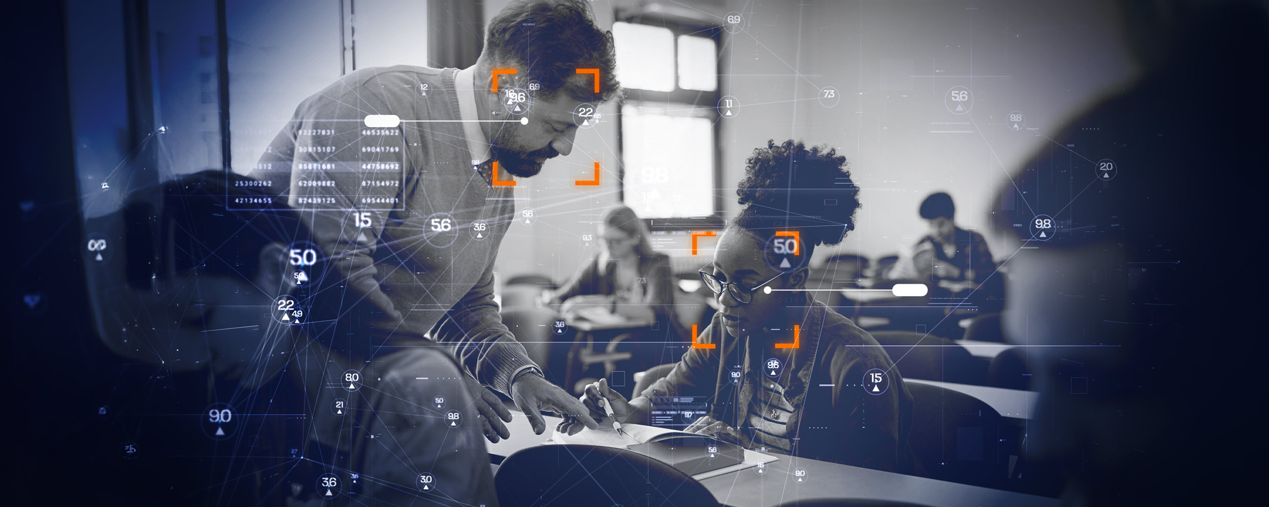 A math teacher helping a student overlayed with equations and data