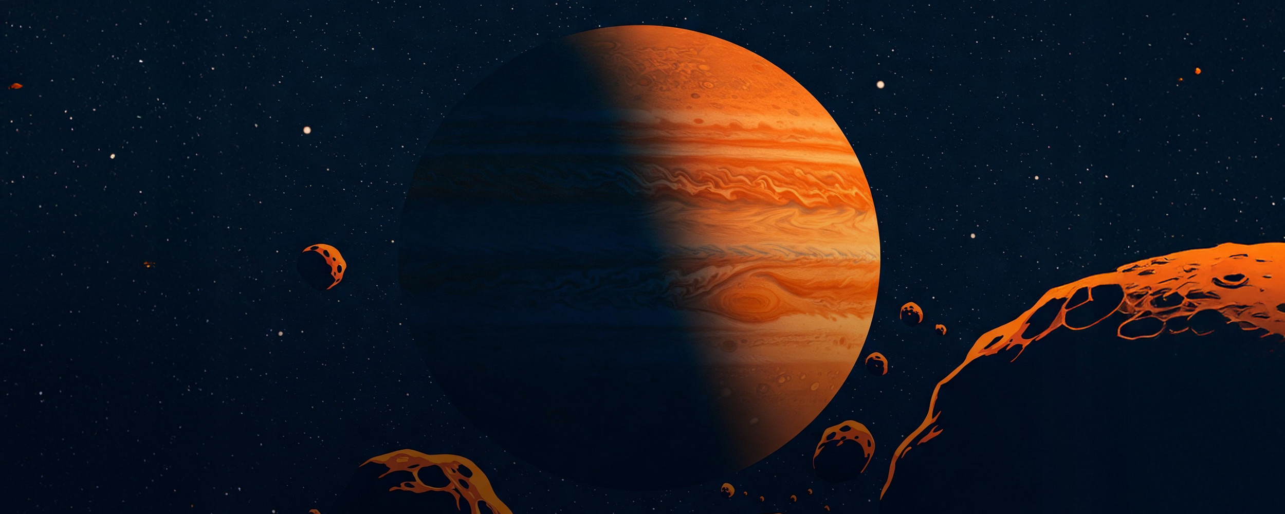 An illustration of the planet Jupiter surrounded by asteroids