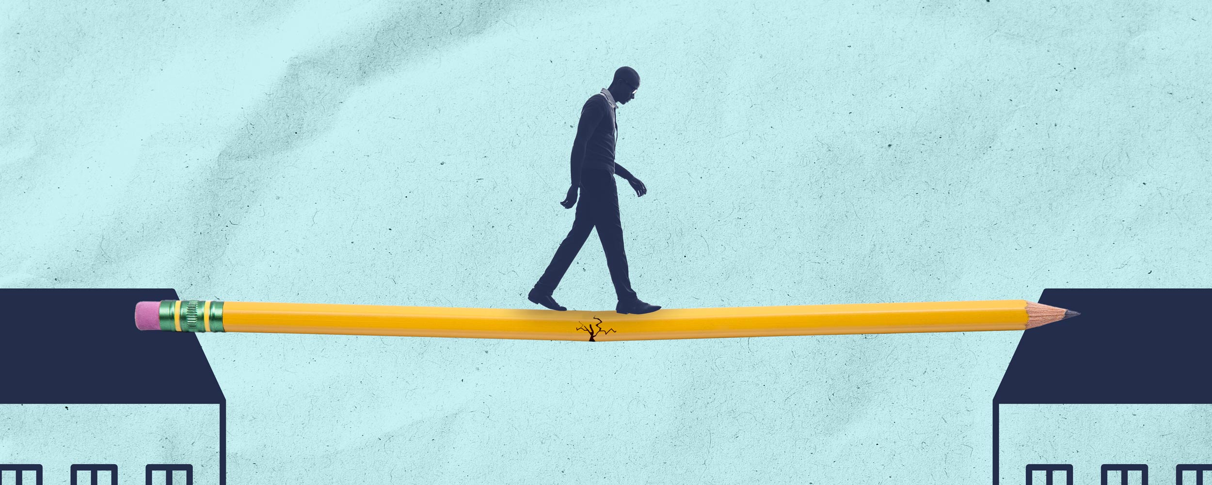 A graphic of cracking pencil bridges a gap between buildings as a man walks over it