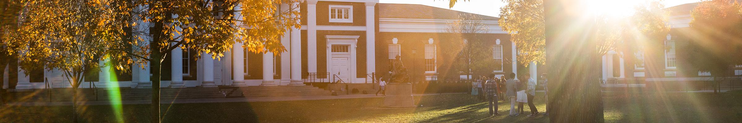 A portrait banner of the UVA Lawn with bright sun rays.