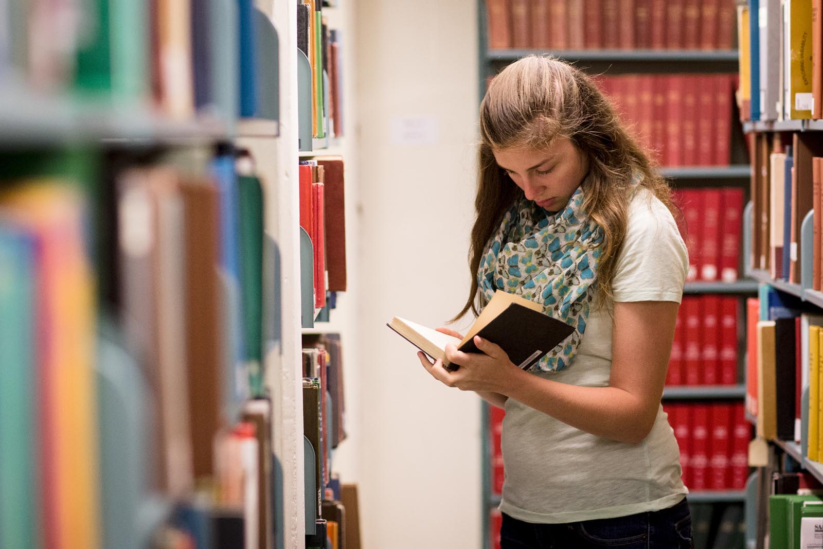 A portrait of a girl reading a book.